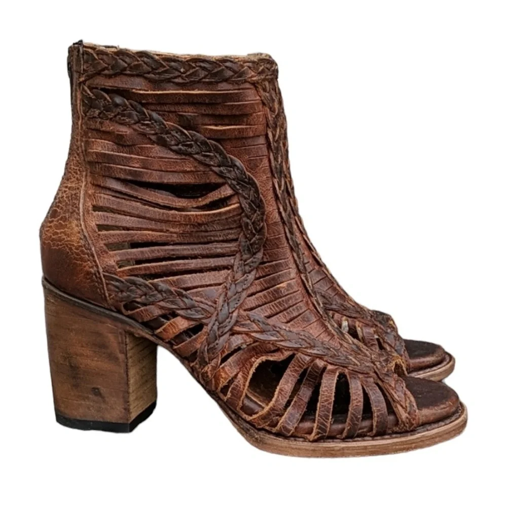FREEBIRD by Stephen Leather Huarache Bela Open Toe Booties in Brown Size 7